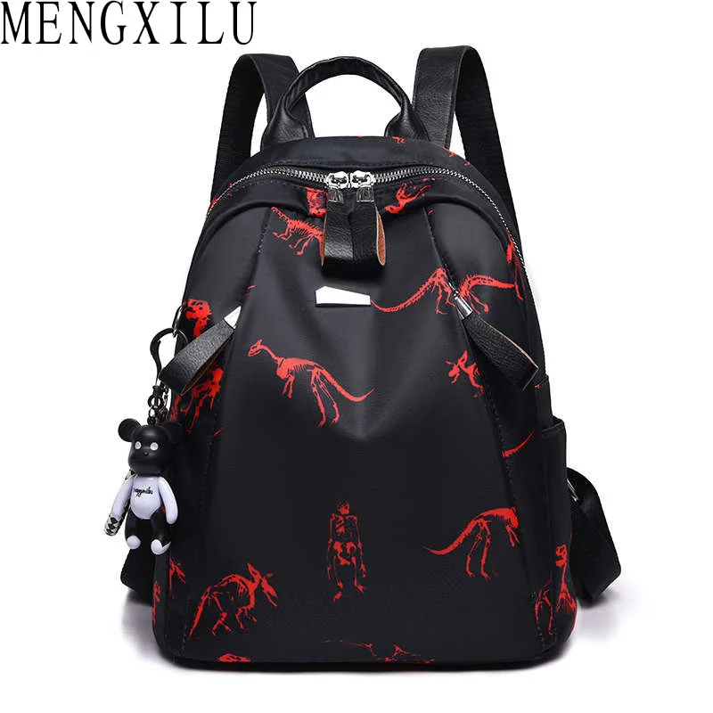 

MENGXILU Fashion Anti Theft Girls School Backpack Feather Butterfly Dinosaur Pattern Oxford Student Travel Bag With Bear Pendant
