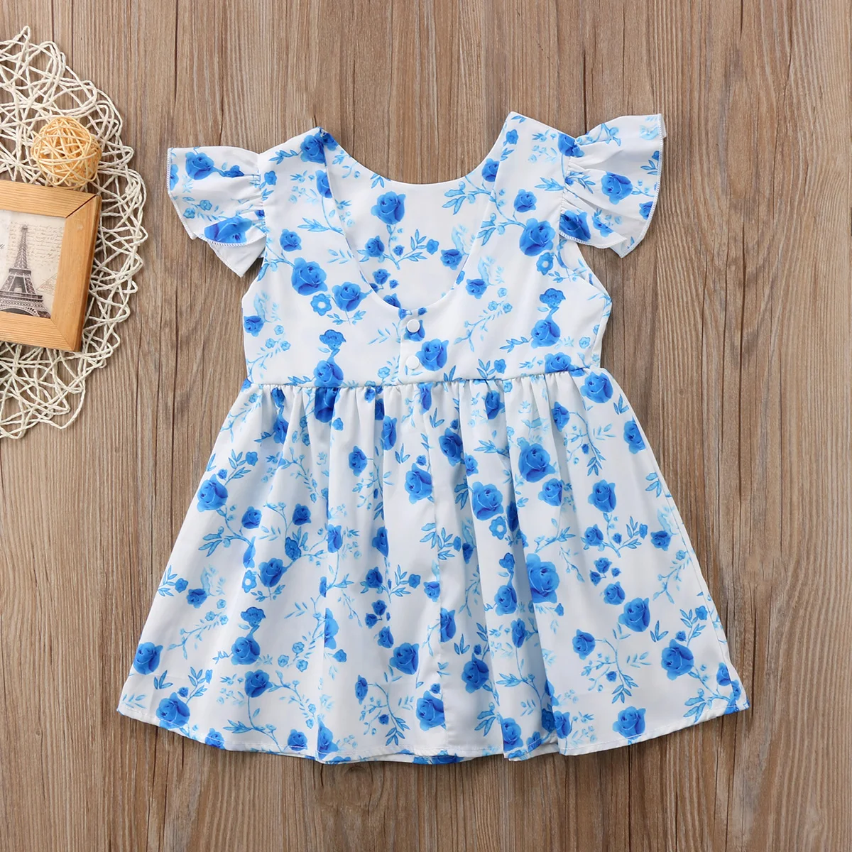 Fashion Summer Baby kid Girl Blue Flower Print Dress Cotton Cute