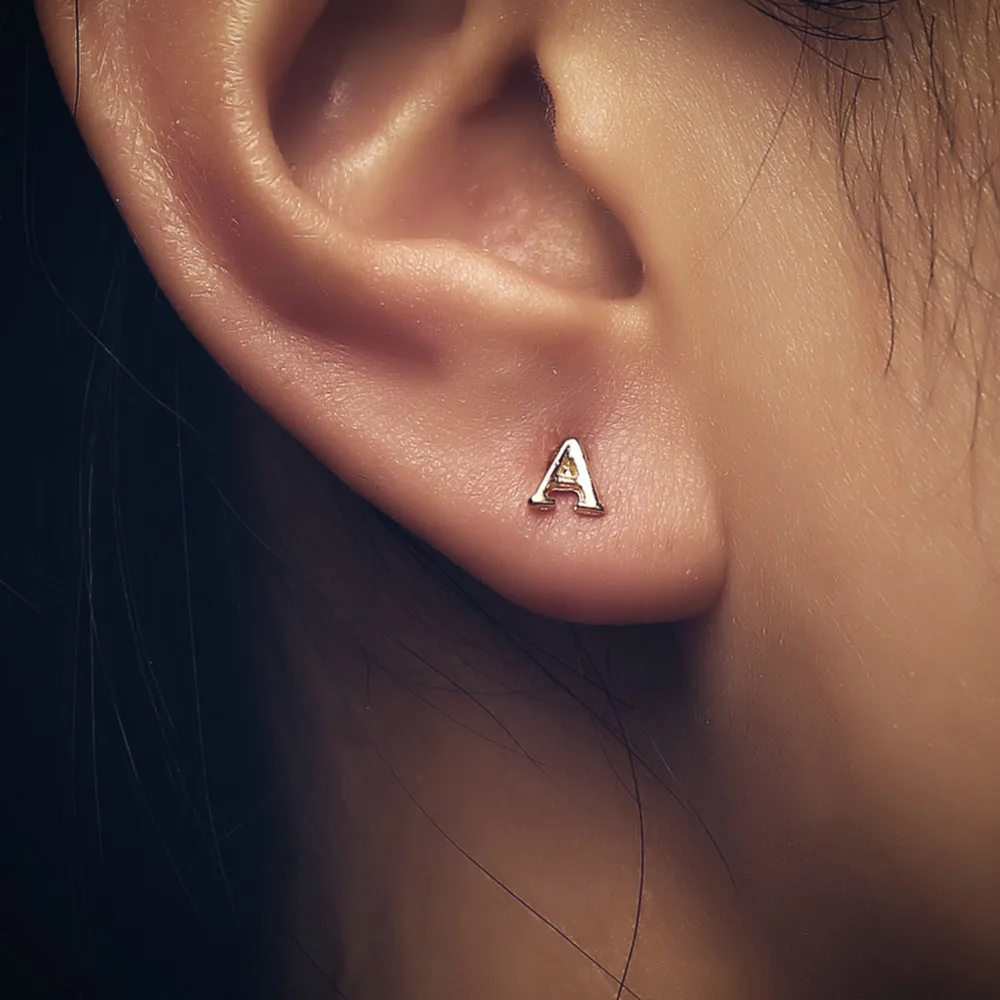 

Women European Design Stud Earrings Letter A-Z DIY Initial Name Fashion Ear Jewelry Gold Color Earrings Set Mini Ear Nails