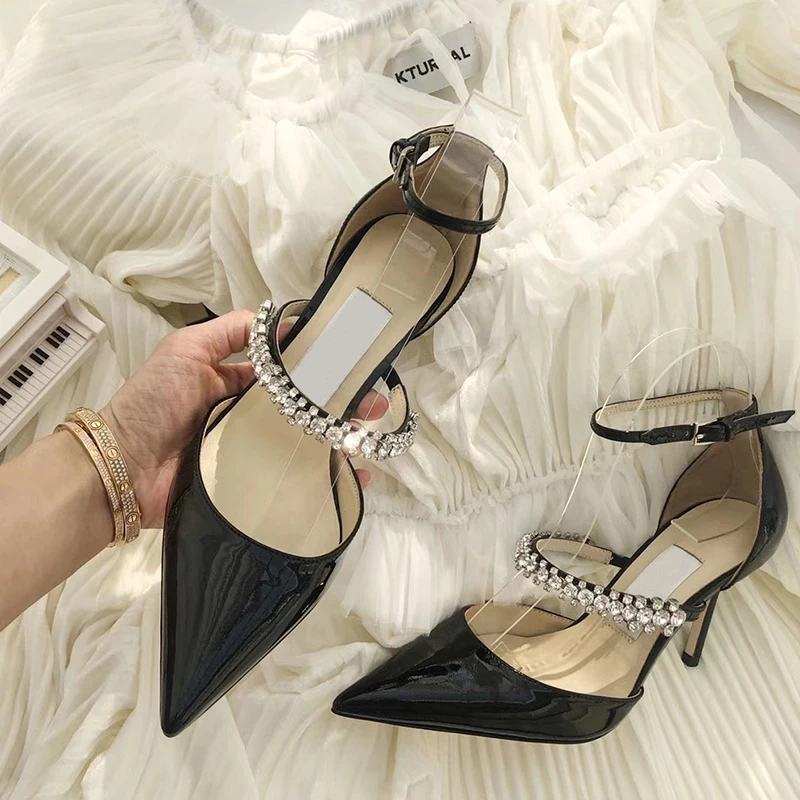 White Patent Leather Narrow Band Crystal Bridal Wedding Pumps Buckle Strap Cover Heel Party Pumps Black Pointed Toe Shoes