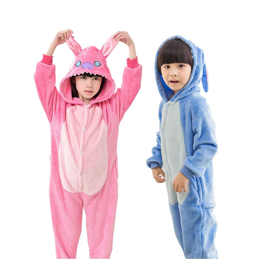 

Boy Girl Children Pink Blue Stitch Pajamas Set Flannel Kids Animal Cartoon Cosplay Hooded Pijama infantil Kigurumi Sleepwear