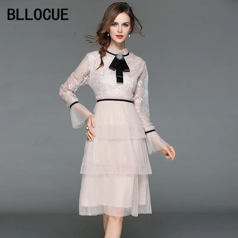 

BLLOCUE High Quality 2018 New Fashion Runway Dress Women Elegant Mesh Sexy Long Sleeve Spliced Lace Dress