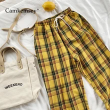 CamKemsey Vintage amarillo Plaid Harajuku japonés pantalones de verano Mujer Casual cordón tobillo longitud suelta pantalones de algodón con pernera ancha