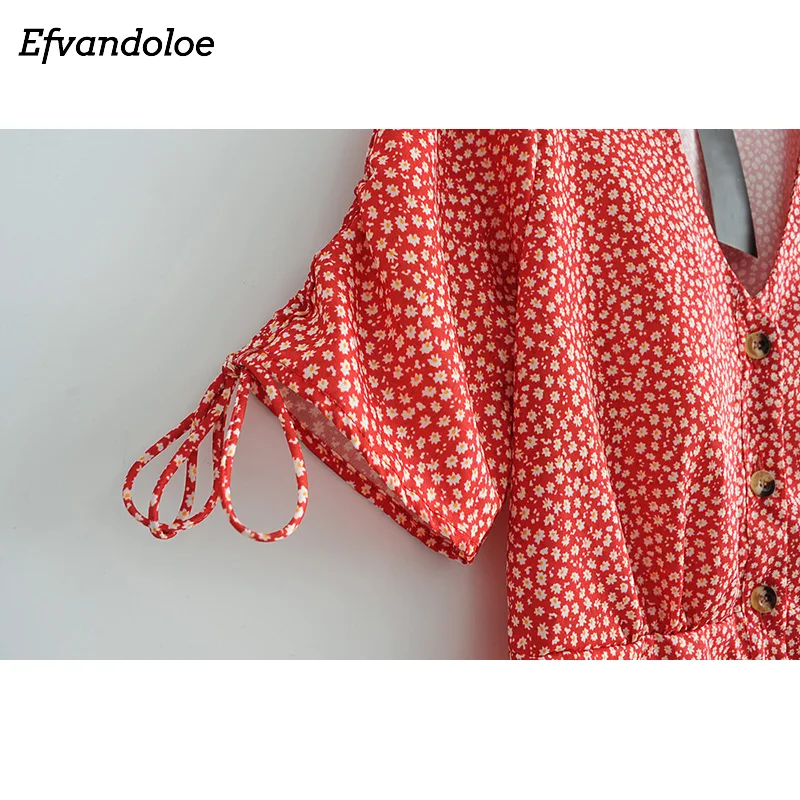 Efvandoloe красное Цветочное платье для женщин 2019 летние платья с коротким рукавом