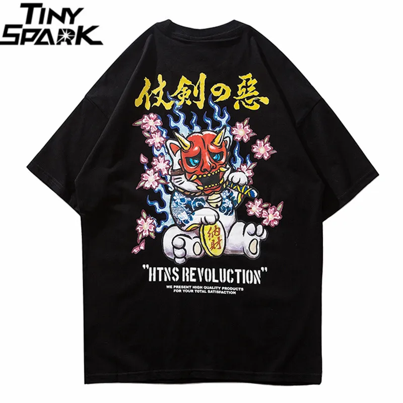 

Summer 2019 Men T Shirt Streetwear Fortune Cat Samurai Hip Hop T-Shirt Japanese Harajuku Tshirt Cotton Short Sleeve Tops Tees