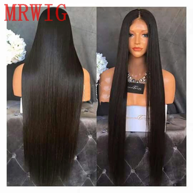 

MRWIG Long Straight Brown Blonde Black Synthetic Glueless Front Lace Wig Middle Part Natural Looking