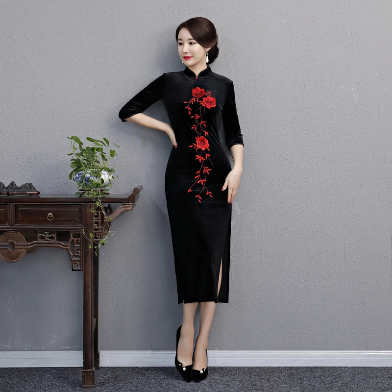 Primavera Il 5xl Vestido Nero Mandarino Lungo Di Da Collare S Cinese blu Cheongsam Vestiti Qipao viola Size Moda Sottile Del Plus Velluto Donne rosso Delle Partito Vestito Stile SnYx7B