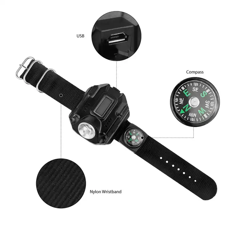 Wiederaufladbare LED Uhr Taschenlampe Handgelenk Taschenlampe mit Kompass