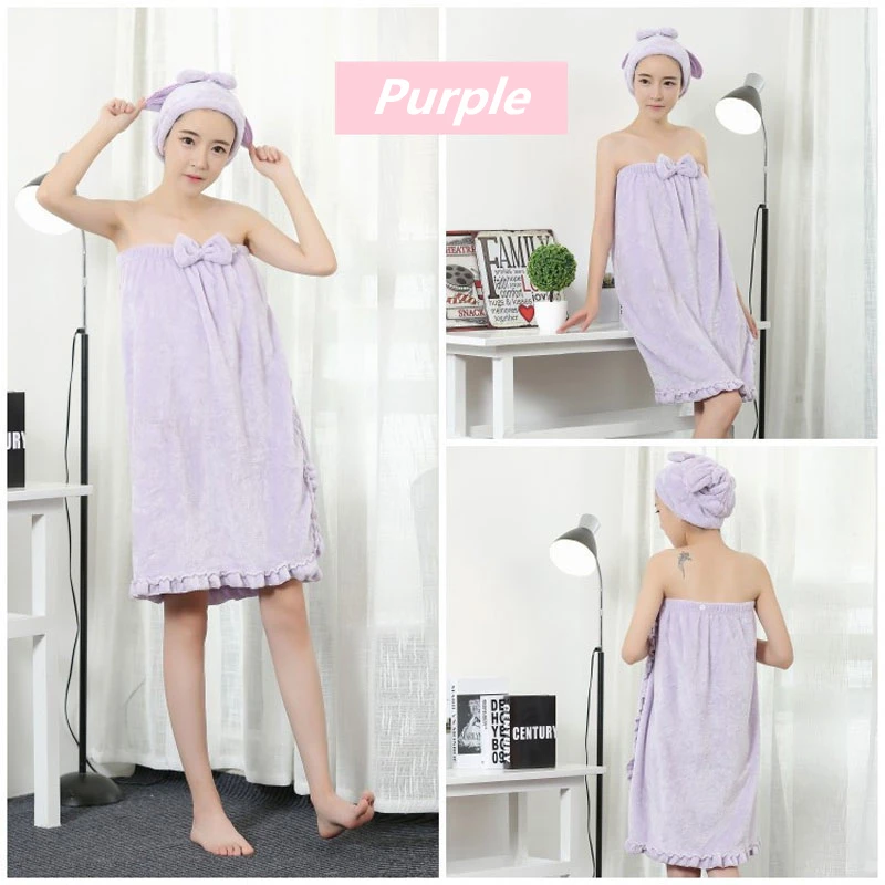 Cute Women Bathrobe With Shower Cap Solid Knee-Length Pajamas Flannel Off Shoulder Dressing Gowns For Women New Sleeveless Robes (16)