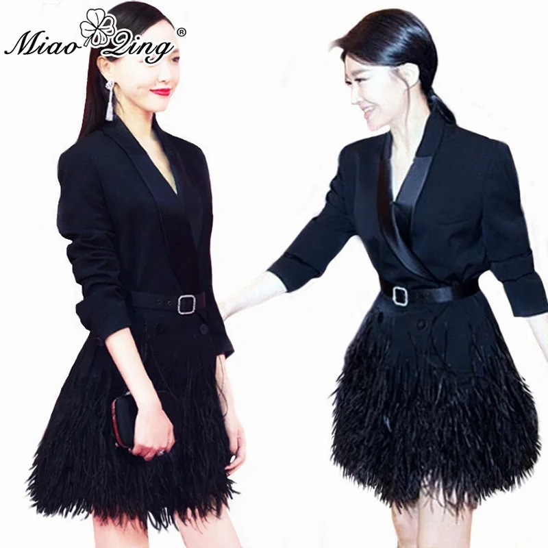

MIAOQING High Quality Women Fashion Office Lady Sexy V neck Patchwork Feathers Blazer Dress Elegant Black Belt Slim Long Coat