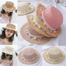 Новинка года; летняя соломенная шляпа для девочек с широкими полями; кисточки-помпоны; флоппи-Панама для пляжа