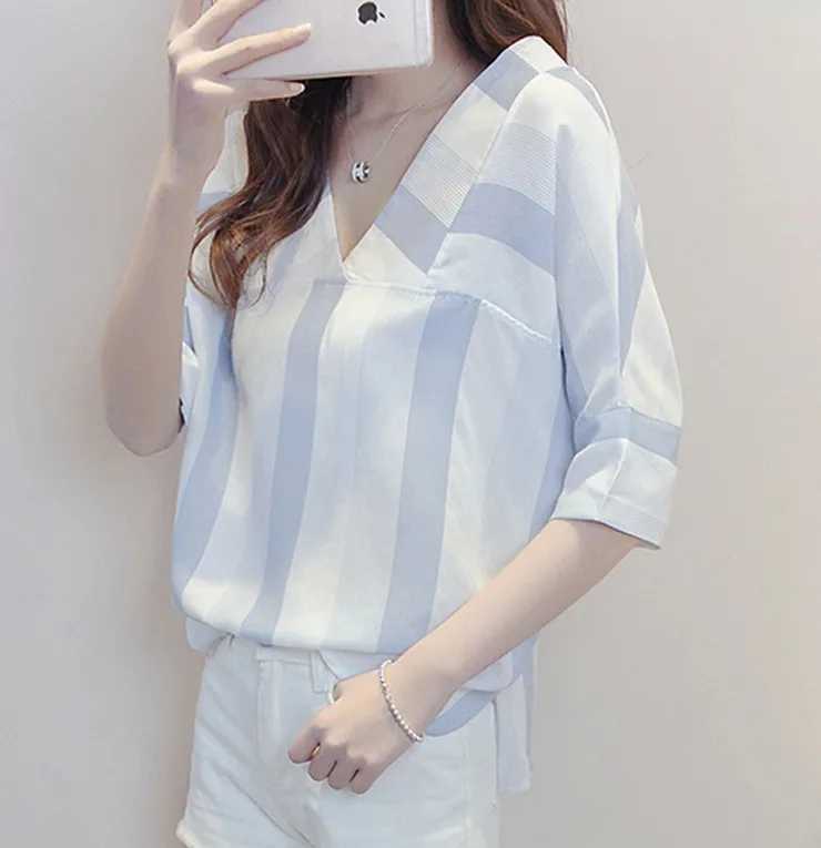 New Striped Blouses Women Shirts Ladies 2018 Summer Half Sleeve Womens Tops And Blouses V-neck Cotton Linen Blusas Femininas  (8)