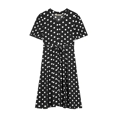 Samstree, ТРАПЕЦИЕВИДНОЕ платье в горошек для женщин, плюс размер, рукав-фонарик, до середины икры, v-образный вырез, летние платья, с поясом, шифоновое ретро платье - Цвет: Black