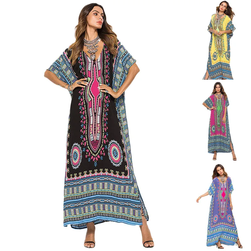 Летнее этническое Boho Макси-платье с коротким рукавом женский Африканский Дашики кафтан Длинный свободный пляжный халат для женщин
