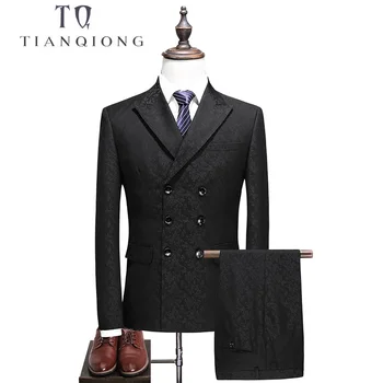 TIAN QIONG Double Breasted Suit Men 2018 Slim Fit Mens Wedding Suits Black Grey Mens Suits with Pants Business Formal Wear tian qiong mens black wool suits latest coat pant designs chinese style stand collar slim fit groom wedding suit formal wear