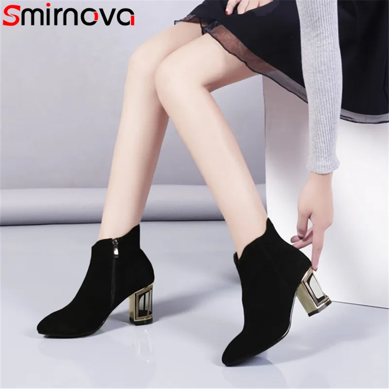 

Smirnova big size 34-43 fashion autumn pointed toe zip shoes woman suede leather ankle boots women high heels ladies prom boots