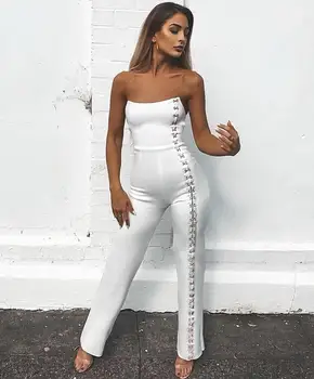 

Full Length Straight jumpsuit Bandage Strapless Backless Sequined Button Sexy women celebrity body con Pub Jumpsuits wholesale