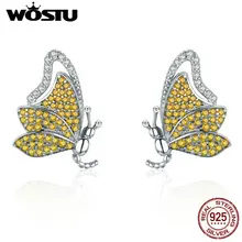 WOSTU Аутентичные 925 пробы серебряные бабочки желтые CZ серьги гвоздики для женщин обручение Свадебные украшения подарок CQE369
