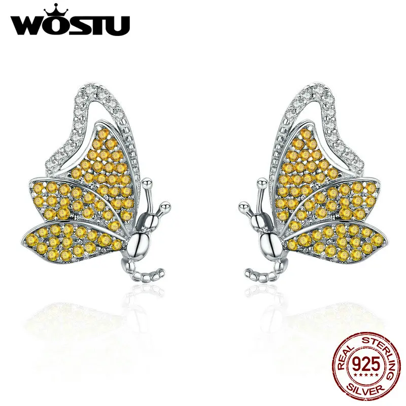 

WOSTU Authentic 100% 925 Sterling Silver Butterfly Yellow CZ Stud Earrings For Women Engagement Wedding Jewelry Gift CQE369