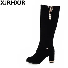 XJRHXJR/высокие сапоги до бедра высокого качества модная обувь женские зимние теплые сапоги до колена женские замшевые сапоги с круглым носком на металлическом каблуке