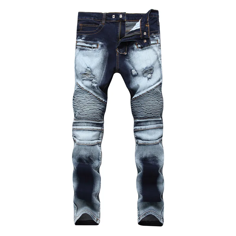 

2019 New Fashion Destroyed Biker Jeans Mens Ripped Distressed Straight Skinny Jeans Bleached Denim Pants Scratch Long Trousers