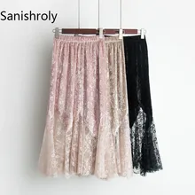 Sanishroly Весна Для женщин Бархат Лоскутная длинная юбка цветочной вышивкой кружевные юбки женские эластичные Высокая Талия русалка юбка SE026