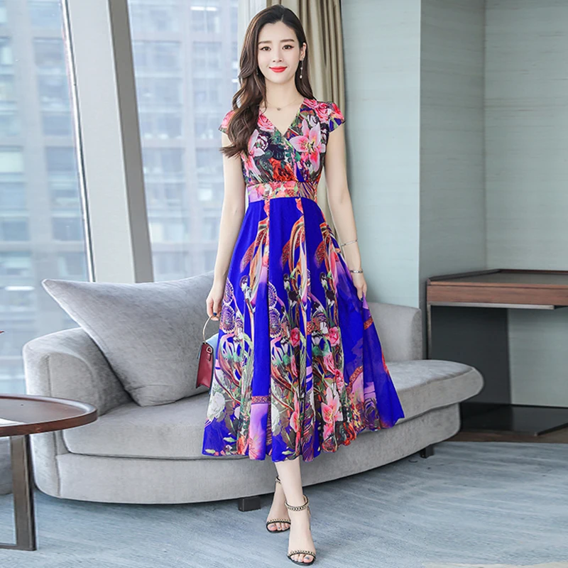 2019 Summer Retro Dresses women Robe Floral Print Short Sleeve Chiffon Dress Vintage Women feminino Vestidos long Dresses