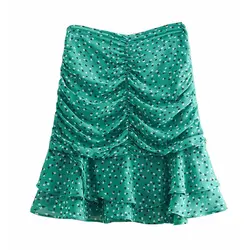 Женская мода плиссированные оборки зеленые шифоновые юбки женские 2019 новые весенние Za Цветочный Принт Высокая талия мини-юбка faldas mujer moda
