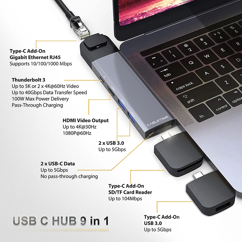  CABLETIME Type C HUB to USB 4K HDMI Lan USB C TF SD USB3.0 USB-C Adapter PD 9 in 1 HUB for MacBook 