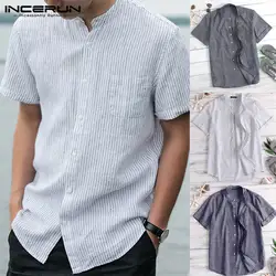 INCERUN 2019 Летняя мужская полосатая рубашка короткий рукав стоячий воротник Harajuku ретро плиссированный дизайн модный бренд Camisas 5XL