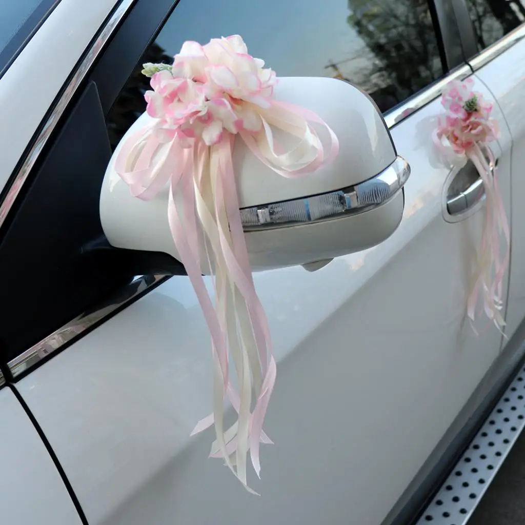 2pcs Artificial Ribbon Flowers Wedding Car Mirror Door Handles Decor Pink