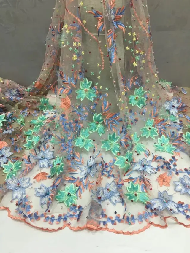 

3D colorful Nigerian lace fabrics beads african laces fabrics high quality 2018 french lace fabric wedding laces