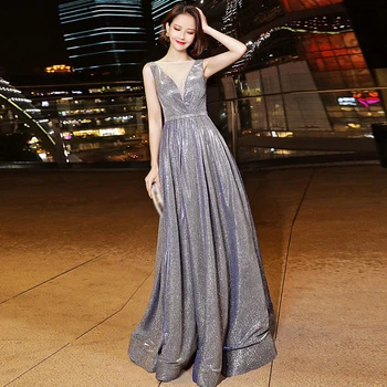 

New arrive Sexy O Neck Long A-line Ruched Evening Dresses 2019 Elegant Party Gowns Glitter Silver Prom Dress