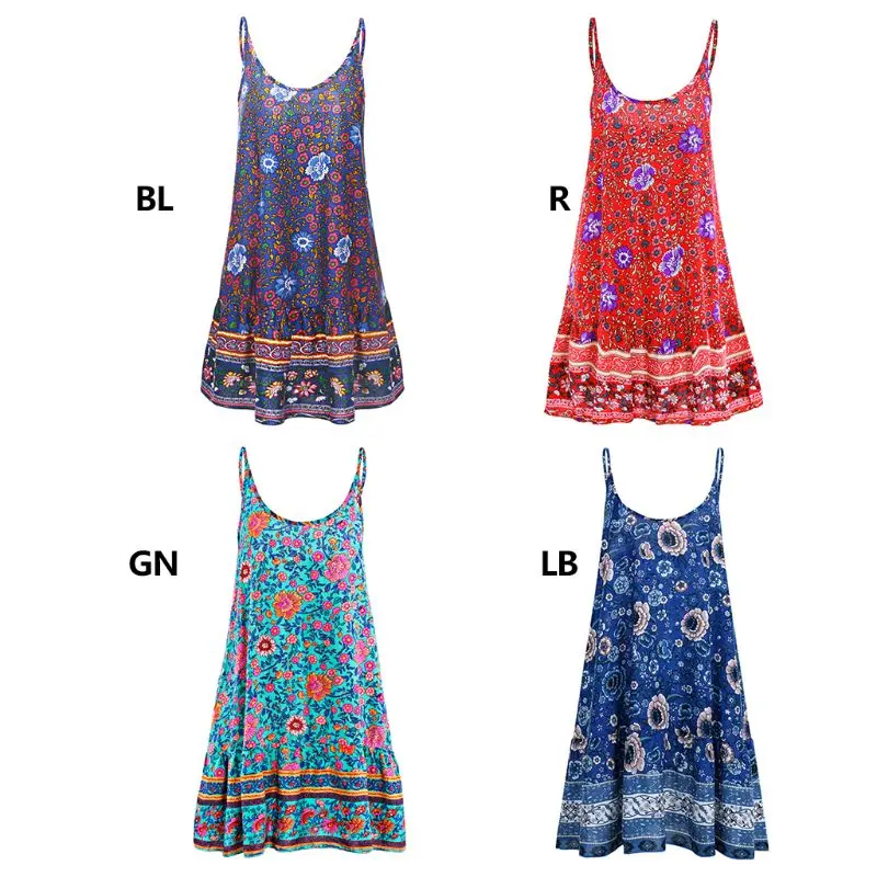 

Womens Summer Spaghetti Straps Mini Swing Slip Dress Ethnic Colored Floral Printed Pleated Ruffles Hem Deep V-Neck Sundress