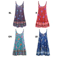 Womens Summer Spaghetti Straps Mini Swing Slip Dress Ethnic Colored Floral Printed Pleated Ruffles Hem Deep V-Neck Sundress fringed spaghetti straps womens dress