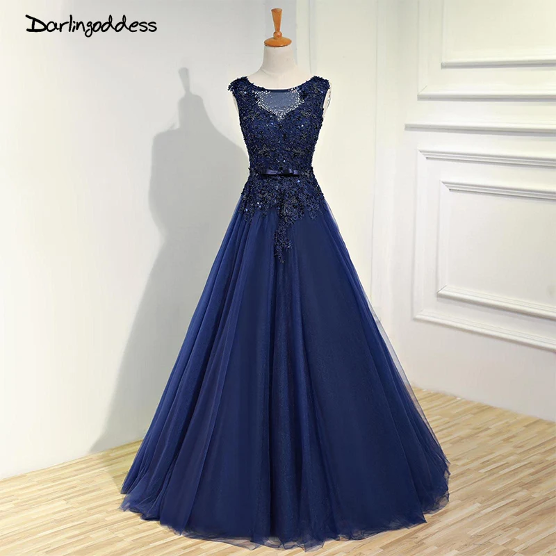 

2017 Deep Blue Beading Lace Tulle Wedding Dresses Long Floor Length lace Up Women Luxury Formal Gown Wedding Party Dresses