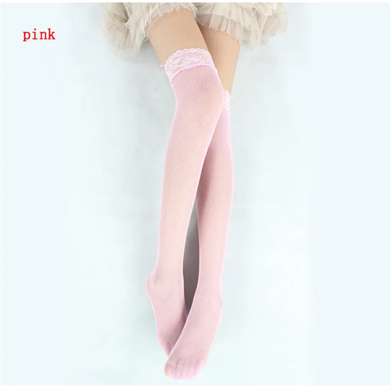 Women Sexy Perspective Stockings Elastic Lace Hollow Fishnet Thigh High Stockings - Цвет: Розовый