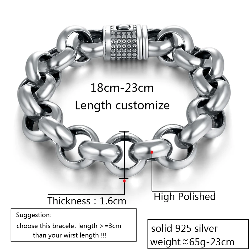Zabra Винтаж реального чистый 925 серебро цепи rolo Толстый Браслет для Для мужчин S тайское серебро ручной работы в стиле панк Браслеты Для мужчин ювелирные изделия