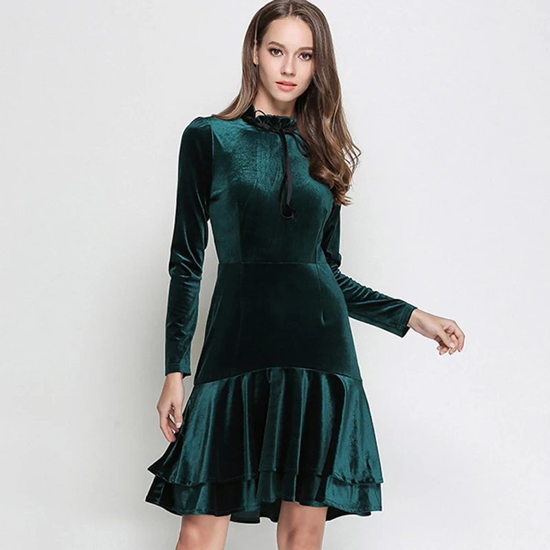 Autumn Winter Dresses Women 2018 Ladies Elegant Long Sleeve Ruffles Hem Solid Green Vintage 
