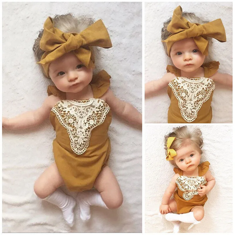 

Newest Baby Girls Yellow Rompers Cute Patchwork Lace Jumpsuit Toddler Infant Baby Girl Bandage Backless Lace Up Sunsuit Outfits