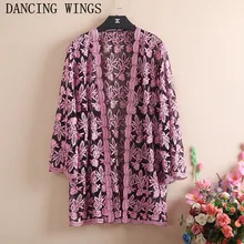 Весна осень сплошной выдалбливают цветочные кружева длинный кардиган среднего возраста женская одежда мода Свободный Длинный рукав куртка