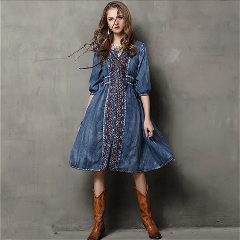 

Summer-Fall Cow Vestidos Vintage V-Neck Cotton Dress Half Sleeve A-Line All Match Drawstring Loose Women Embroidery Dresses