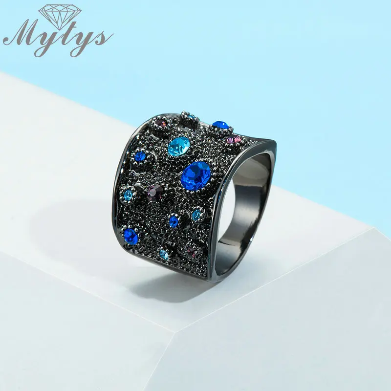 Mytys, широкое массивное кольцо, черный цвет, кольца на палец для женщин, разноцветные стразы, мощеная установка, модное коктейльное ювелирное изделие R2127