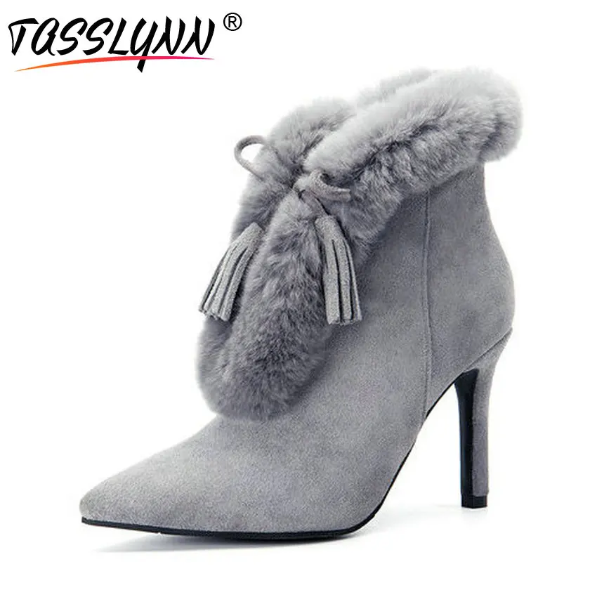 

TASSLYNN 2018 Women Boots Elegant Thin High Heels Cow Suede Ankle Boots Fashion Fur Pointed Toe Zipper Boots Woman Size 34-39