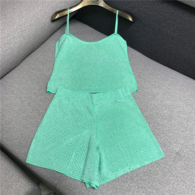 

Luxury Designer Brand Women's Knitted Sets for Women O Neck Hot Drilling Knitted Camis Top and Wide Leg Knitted Shorts 2PCS Set