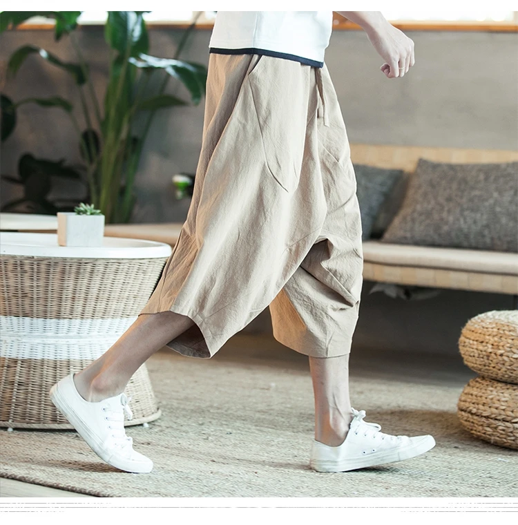 2019 новые летние прямые свободные талии для мужчин's повседневное укороченные брюки китайский стиль Хлопок Мода штаны большого размера