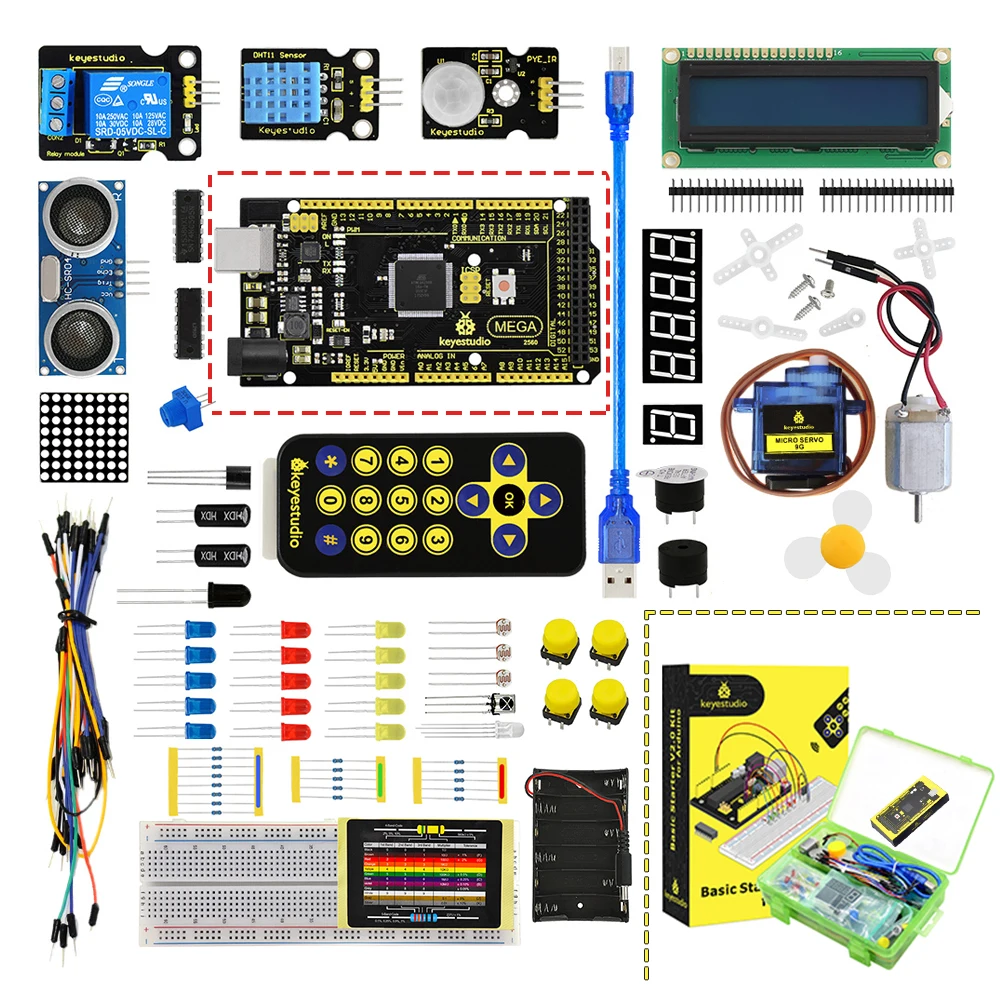 Новинка! Обновленная версия Keyestudio базовый стартовый комплект V2.0(плата Mega 2560) с подарочной коробкой для Arduino Kit+ PDF(онлайн