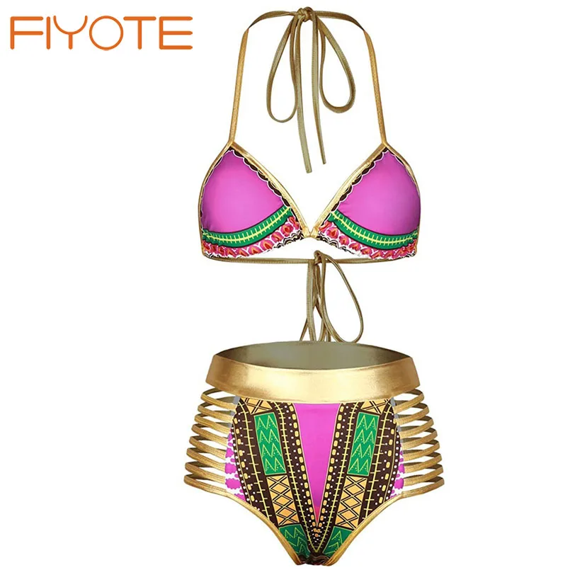 FIYOTE New 2017 Sexy African golden Tribal Metallic Cutout High Waist Swimsuit maillot de bain LC410260