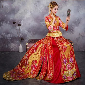 

Embroidery Phoenix Chinese Bride Cheonsgam Vintage Oriental Women Wedding Dress Floral Elegant Qipao Vestidos Marriage Suit