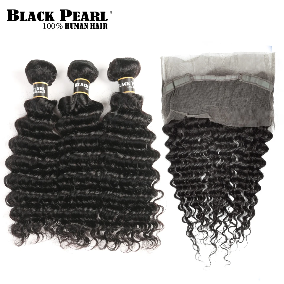 

Black Pearl Pre-Colored Non Remy Hair 360 Lace Frontal with Bundles Brazilian Deep Wave Human Hair Bundles With lace Closure